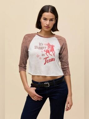 Daydreamer Cream Burnout Raglan Tee with Brown Sleeves & Red Texas Graphic